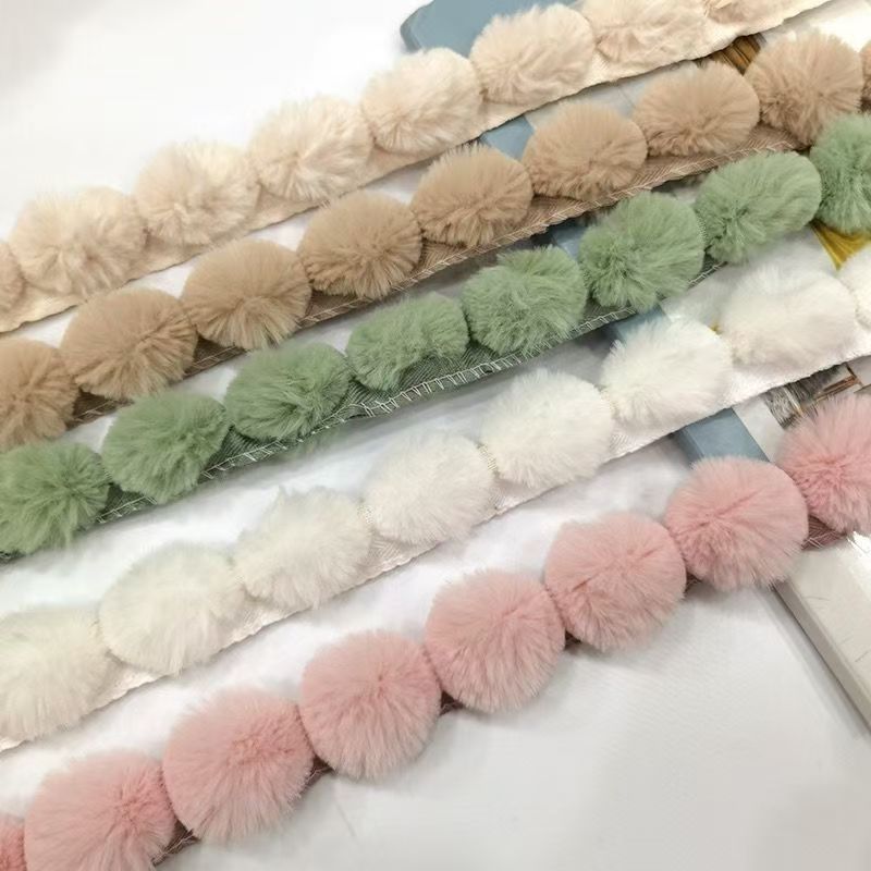 Lace Ribbon Trim - 3cm Faux Rabbit Fur Pom Ball