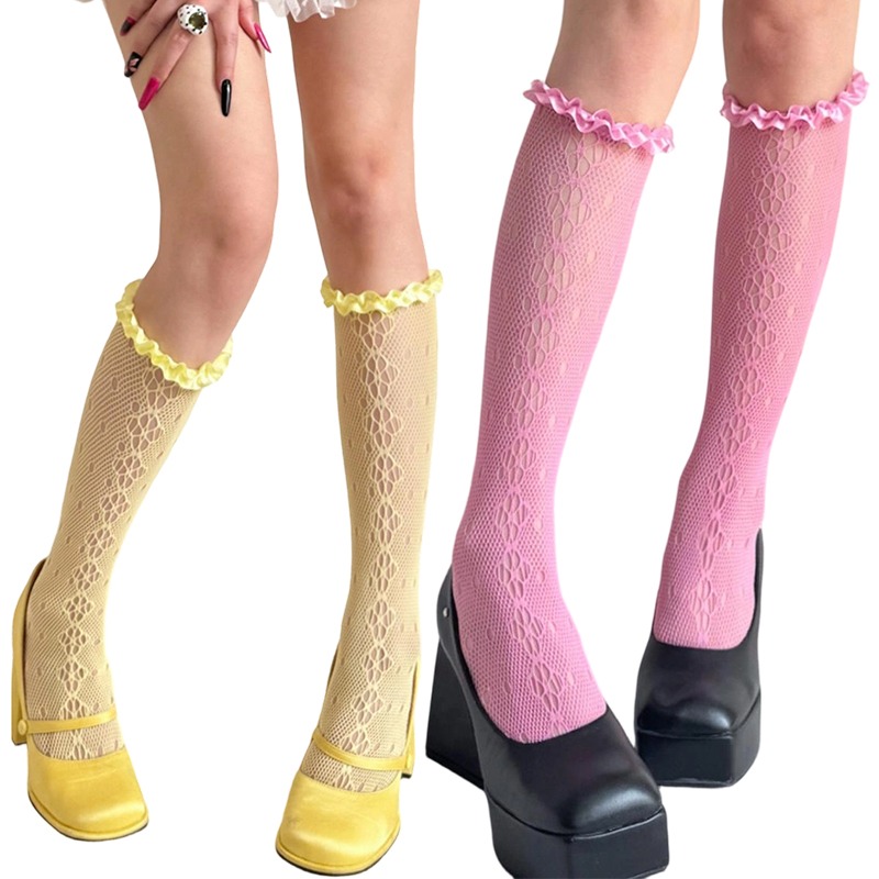 Lace Mesh Calf Socks Women Flo - Lace Ribbon Trim review and price